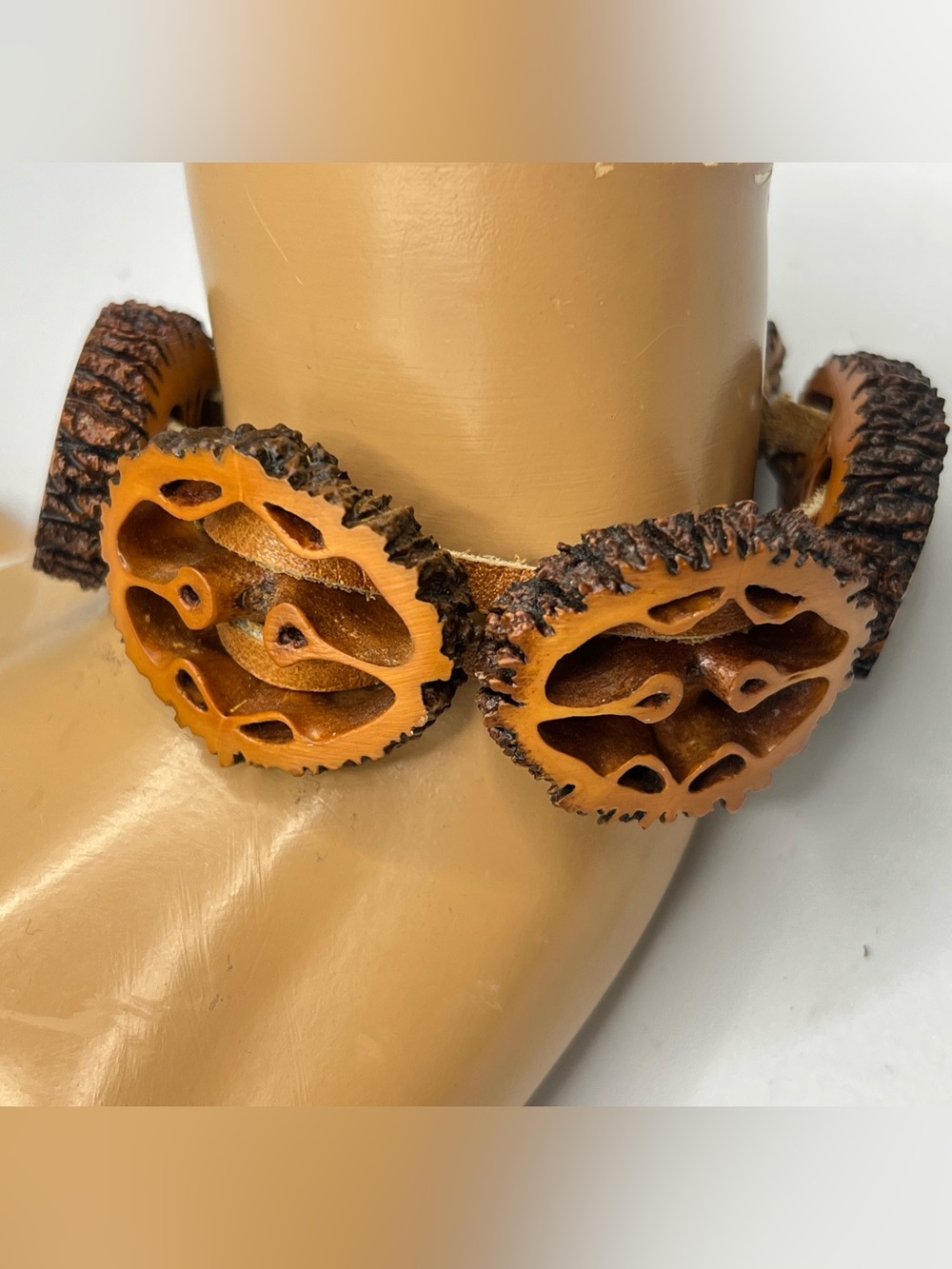 Artisan Carved Black Walnut & Leather Bracelet - Picture 2 of 11